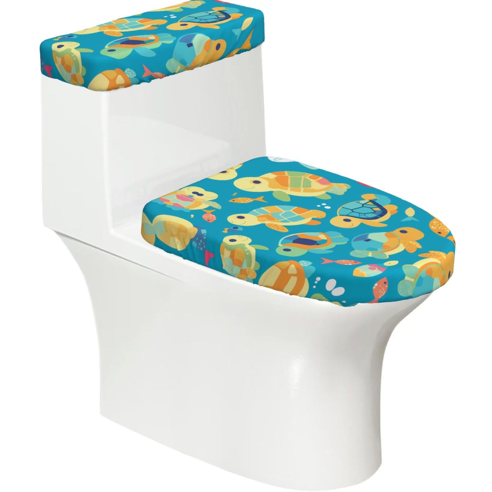 Colorful sea Turtles 2-Piece Toilet Seat Cover Set with Tank Lid - Elastic for U-Shape & Elongated - Bathroom Decor