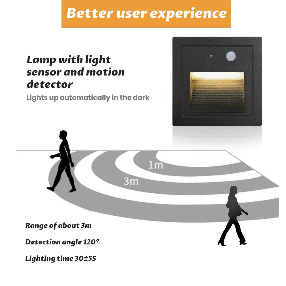 Arote 8er 3W LED Treppenlicht mit Bewegungsmelder 3000K IP65 Quadratische Wandeinbauleuchte Wandleuchte Wandeinbaustrahler Stufenlicht Beleuchtung Lampe, innen aussen schwarz Alu 230V warmweiß, Sensor
