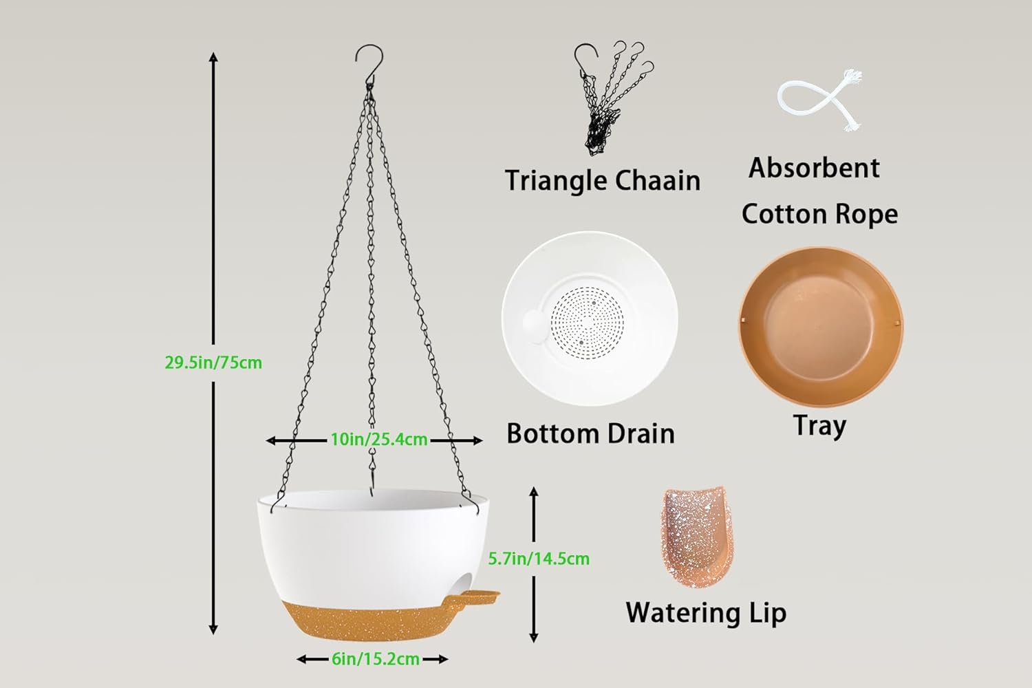 Hanging Planters, 3-Pack 10 Inch Self-Watering Pots with Drainage Holes and Chains, Matte Plastic Planters for Indoor/Outdoor Plant（White Brown）