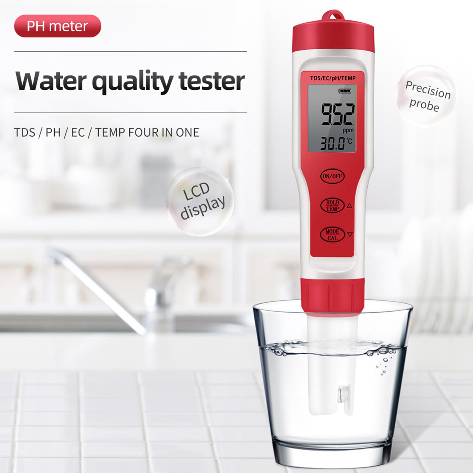Misuratore digitale di pH per acqua, strumento di prova di pH, temperatura,