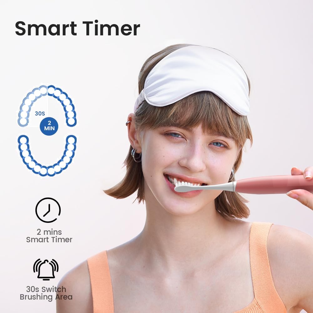 Oclean Brosse à dents électrique pour adultes, brosse à dents Sonic Soft Gum Care avec 6 têtes de brosse et étui de transport, autonomie de 240 jours, rechargeable par USB C, rose
