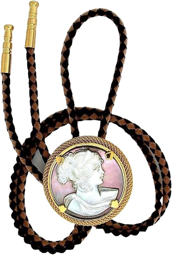 Vintage Italian Cameo 1 3/4 Inch Gold Mesh Bolo Tie With Cord & Tips EBS4208