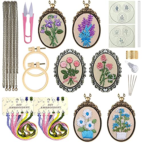 Image of ZOCONE 6 Packs Embroidery Necklace Kits, Embroidery Pendant Kit Mini Cross Stitch Kit with Hoop, Necklace, Pendant, Brooch, Stamped Pattern Cloth, Instructions, etc. Embroidery Kits for Adults