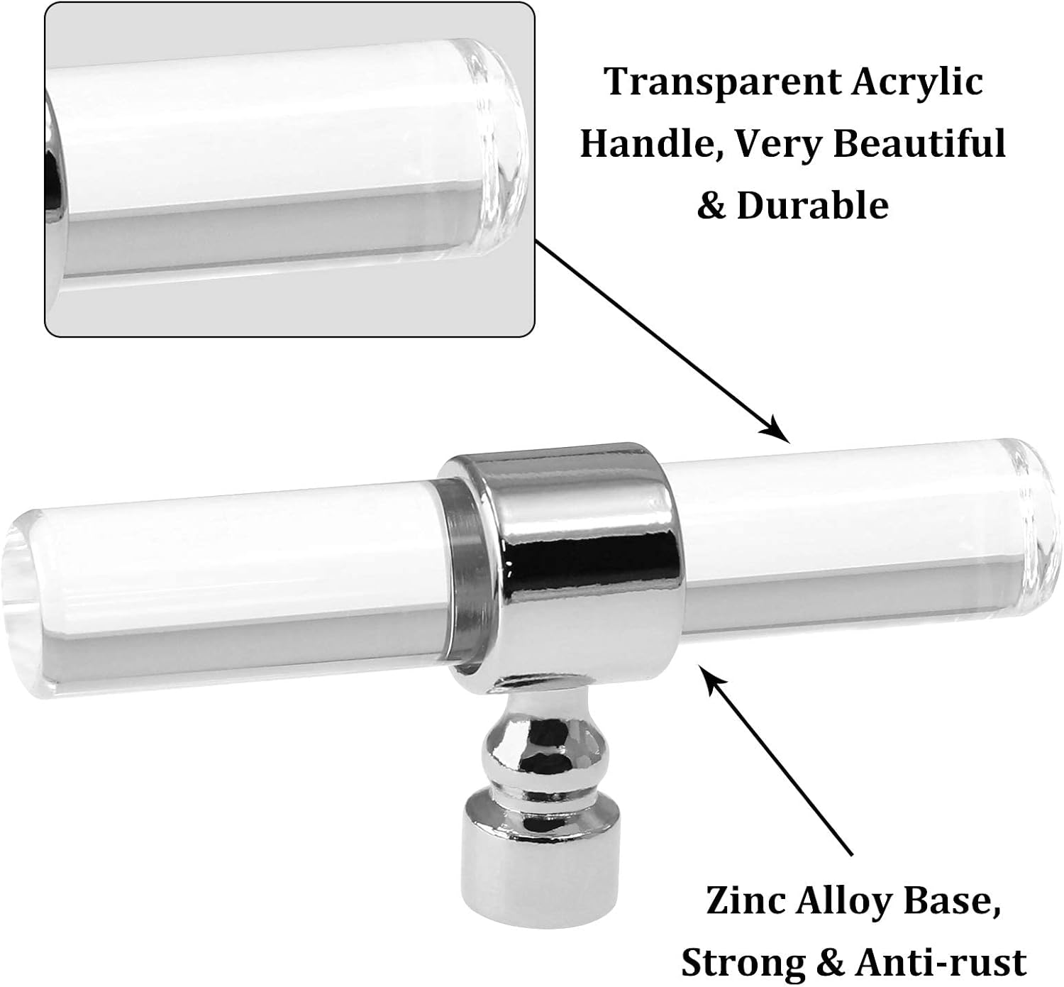 12 Pack Acrylic Cabinet Knobs Silver Drawers Knobs, Clear Single Hole T Bar Cabinet Pulls for Dresser Drawers Kitchen Cabinet, 3.15" Overall Length