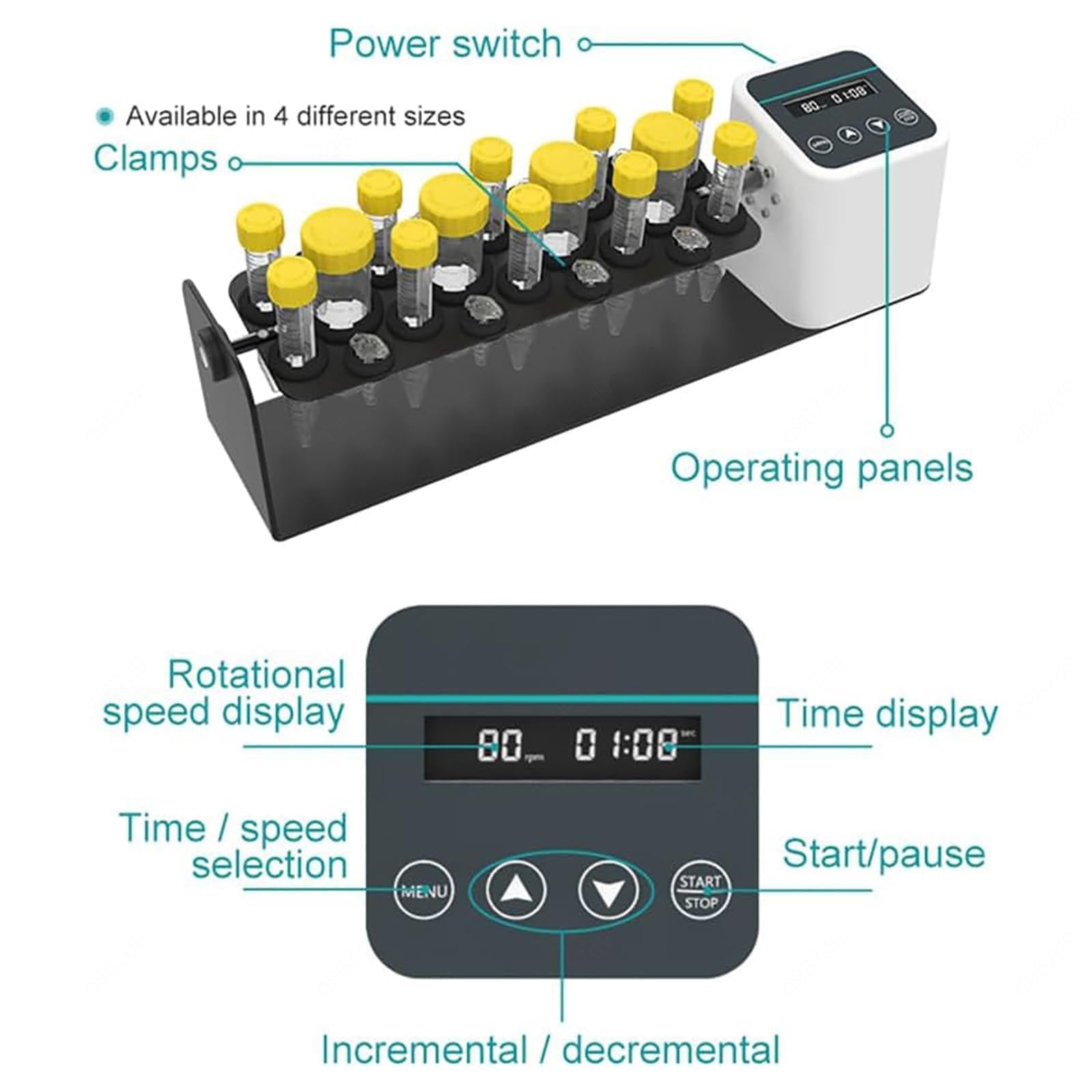 Digitaler Labor-Orbitalschüttler mit langer Achse, Mehrzweckoszillator, einstellbare Drehzahl 20-80 U/min, mit Zeitschaltuhr, geeignet für: 2/5/10/15/50 ml (Reagenzgläser/Zentrifugenröhrchen