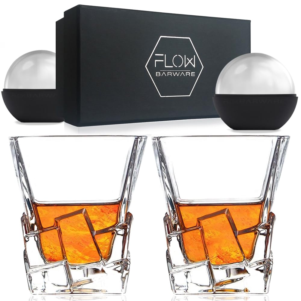 FLOW BarwareIceberg Whiskey Glasses Set of 2 | Whisky Glass Gift Set with Unique Design & Heavy Base, Includes 2X Ice Ball Mould | Whiskey Tumblers for Scotch Bourbon Gin, Rum & Vodka