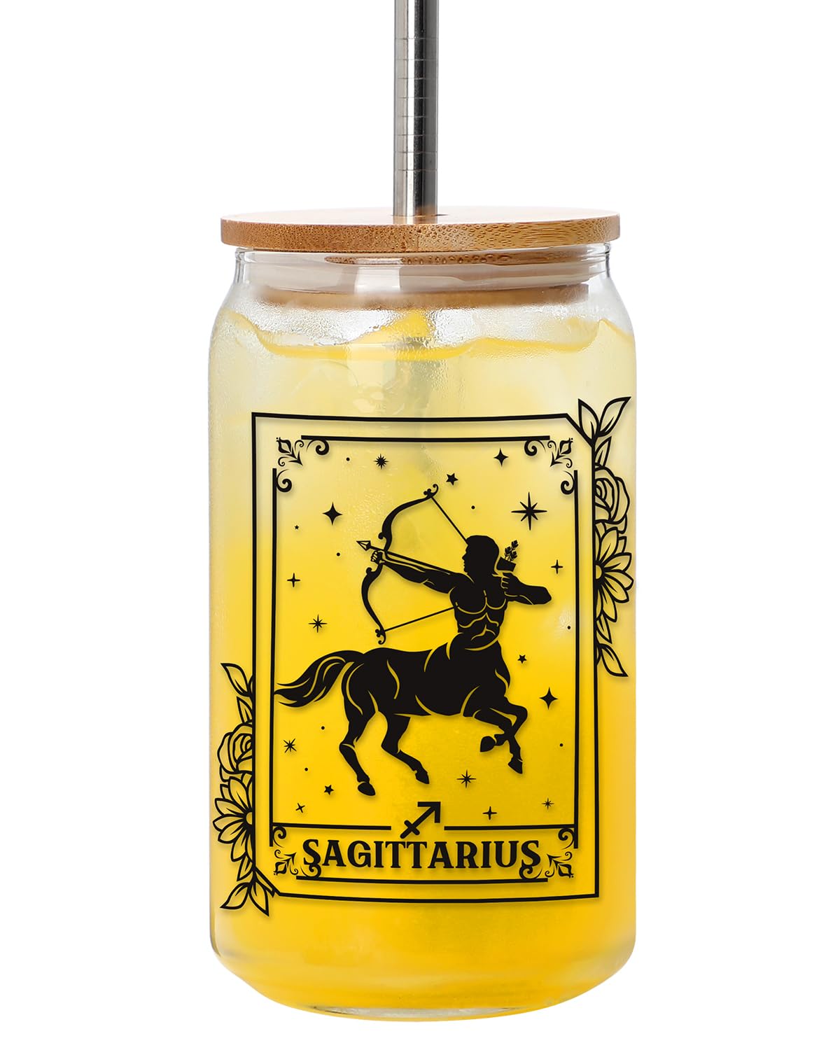 Nefelibata Sagittarius Beer Can Glass 16 OZ Iced Coffee Glass with Lid Metal Straw and Cleaning Brush, Reusable Drinking Glass Cup for Coffee Tea Soda Juice, Zodiac Gifts for Women and Men, Set of 1