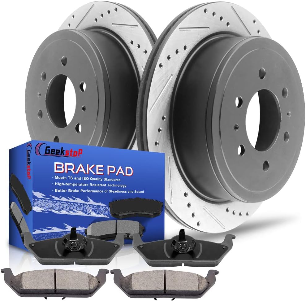 Rear Brake Rotors and Pads Kit Compatible with 2004-2011 Ford F-150, 2006-2008 Lincoln Mark LT Drilled and Slotted E-Coating Disc Brake Rotors Ceramic Brakes Pads