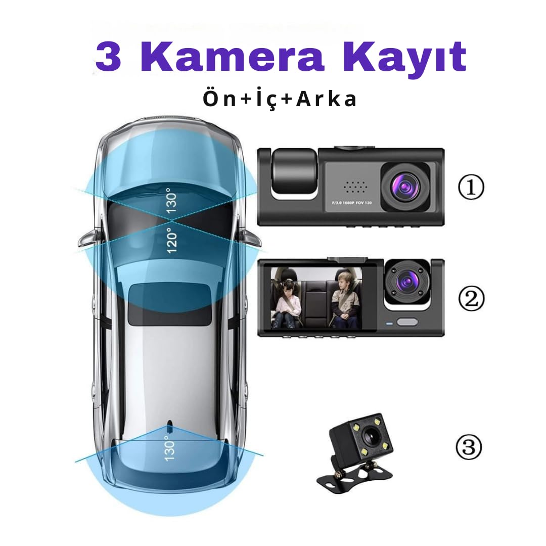 Daytona A98 BalckBox DVR WiFi Full HD 1080P 3 Kameralı Araç İçi Güvenlik Kamerası + Park Modu Kablosu Ön-Arka-İç Kayıt, DashCam
