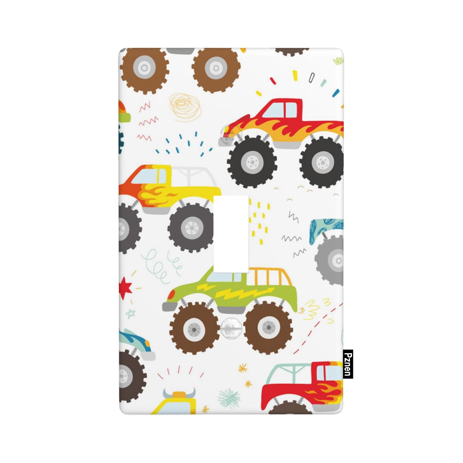 Pznen Cute Cartoon Cars Light Switch Cover Big Trucks Street Vehicles Single Toggle Wall Plate 1 Gang Switchplate Home Decor for Bedroom Bathroom 4.5"