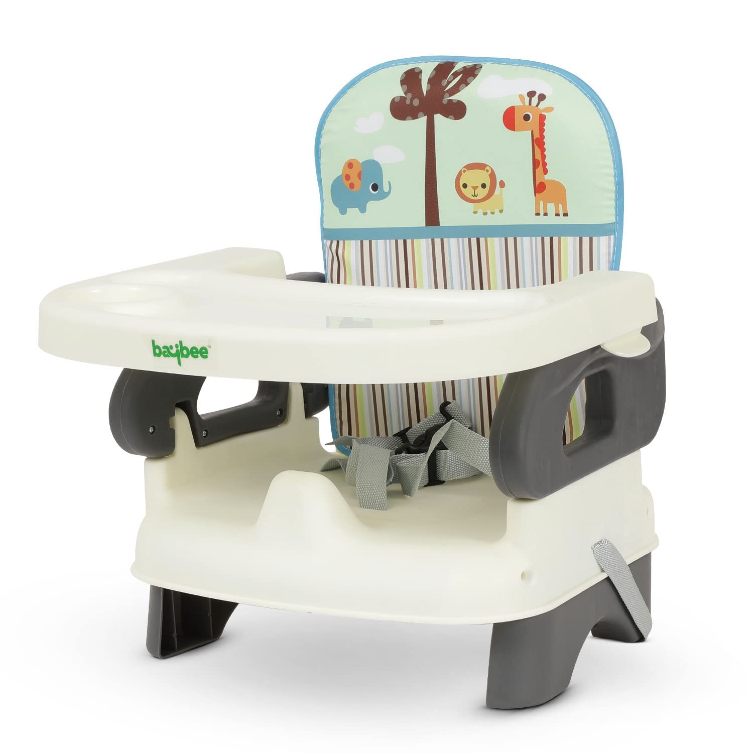 Booster Seat for Feeding Baby - Baby Food Chair with Removable Dining Tray - Comfortable Folding Seat with Safety Belt - 3 Point Safety Harness for Infant and Toddlers 1 to 3 Years (Grey)