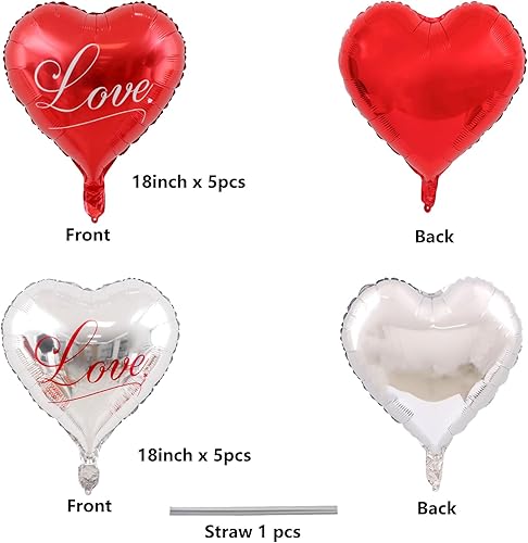 Miniatura 2 de 18 Inch Red Silver Foil Love Heart Balloons 10PCS Valentines Mylar Heart Shape Balloons for Bridal Shower Engagement Wedding Anniversary Birthday