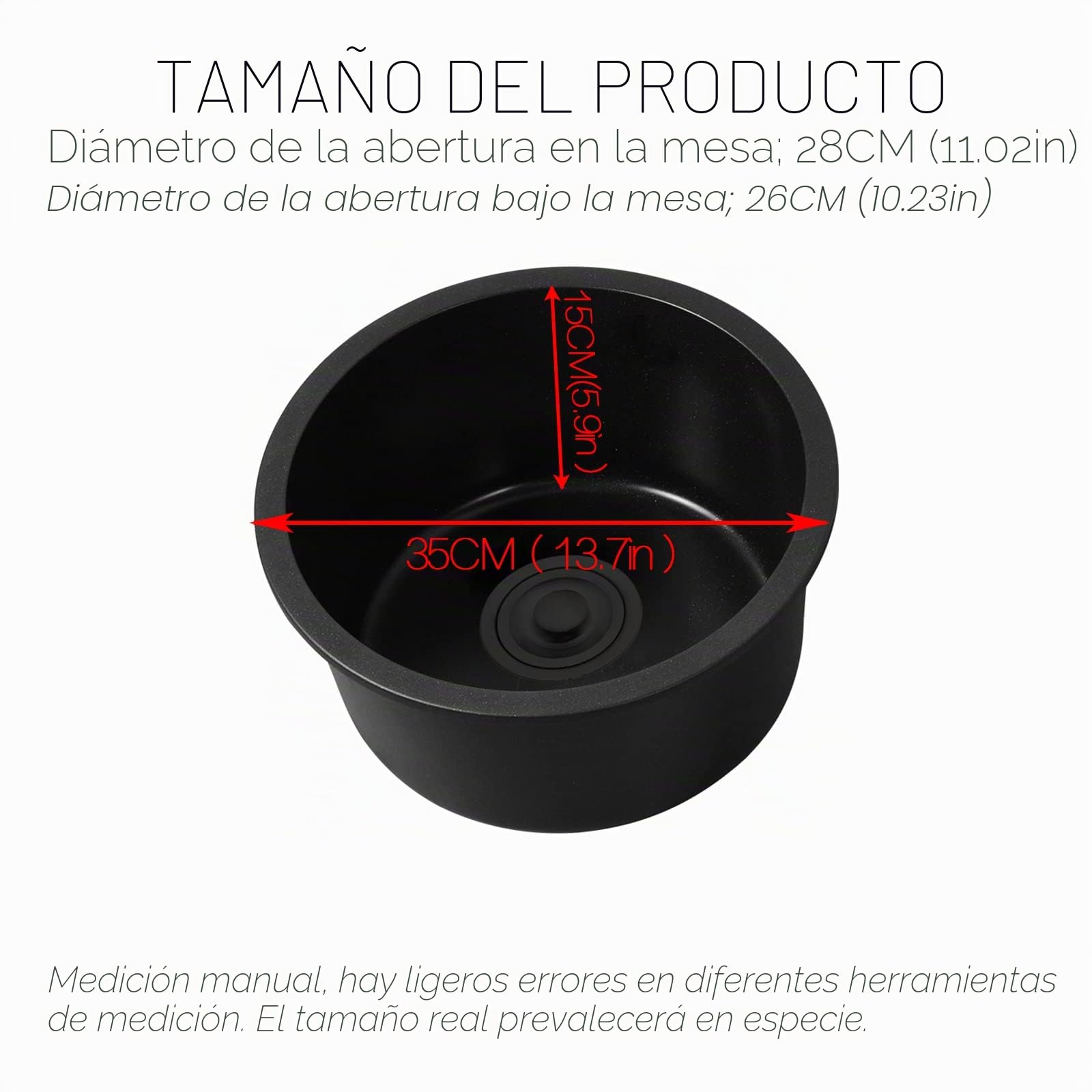 Fregadero Redondo Negro Piscina De Renovación De Cocina Fregadero Individual Redondo Fregadero Pequeño Lavabo Redondo para Baño Lavado De Verduras Y Lavavajillas (Color : Negro,35cm)
