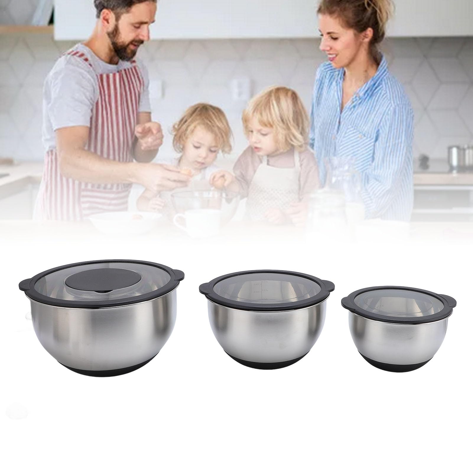 Edelstahl-Rührschüssel-Set mit Deckel, 3-teiliges Schüssel- und Reiben-Set Zum Backen, Salatmischen und Essenszubereiten, Inklusive 3 Reiben, Ideal für Kücheneffizienz