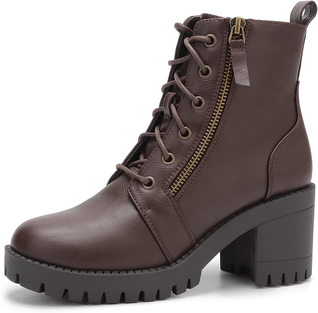 EETTARO Women's Fashion Chunky Heel Ankle Boots Lug Sole Lace Up Boot Ladies Side Zip Round Toe Anti-Slip Booties