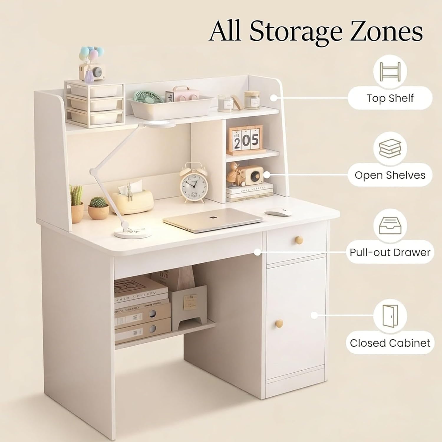 ELZEM Escritorio Infantil Rosa con Estantería y Cajón, Mesa de Estudio de Madera Maciza con Baldas y Armario, Mueble Que Ahorra Espacio para Dormitorio de Niños B,80x40x107cm