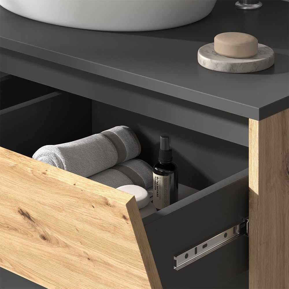 Vicco Meuble sous Vasque Simple Edelin, Anthracite/Artisan, 100x50cm | avec 2 tiroirs, pour montage mural et compatible avec siphons standards