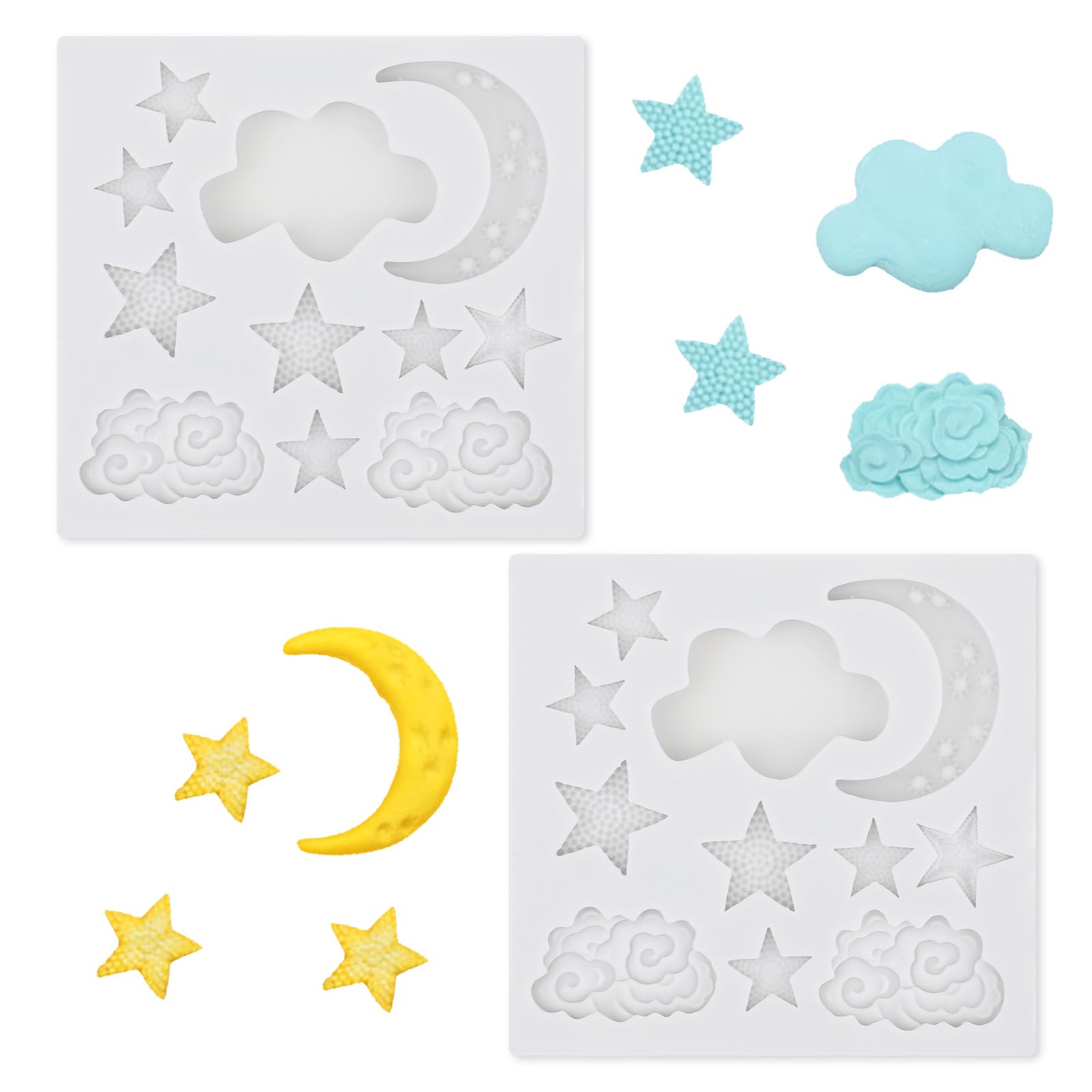 2 moldes de silicona, moldes de arcilla polimérica con forma de estrella y luna para caramelo, chocolate, fondant, decoración de pasteles, bricolaje, hornear, cupcakes, galletas, jabón y velas