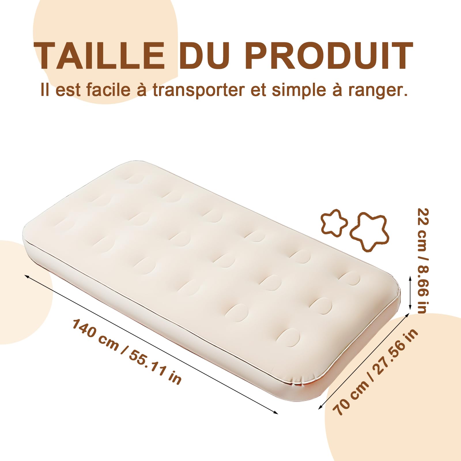 Lot de 2 Lits Gonflables pour Enfants avec Pompe Électrique, 140 x 70 cm | Matelas Floqués en PVC Beige pour Lit de Voyage, Maison, Camping, Soirées Pyjama et Nuits sous Tente