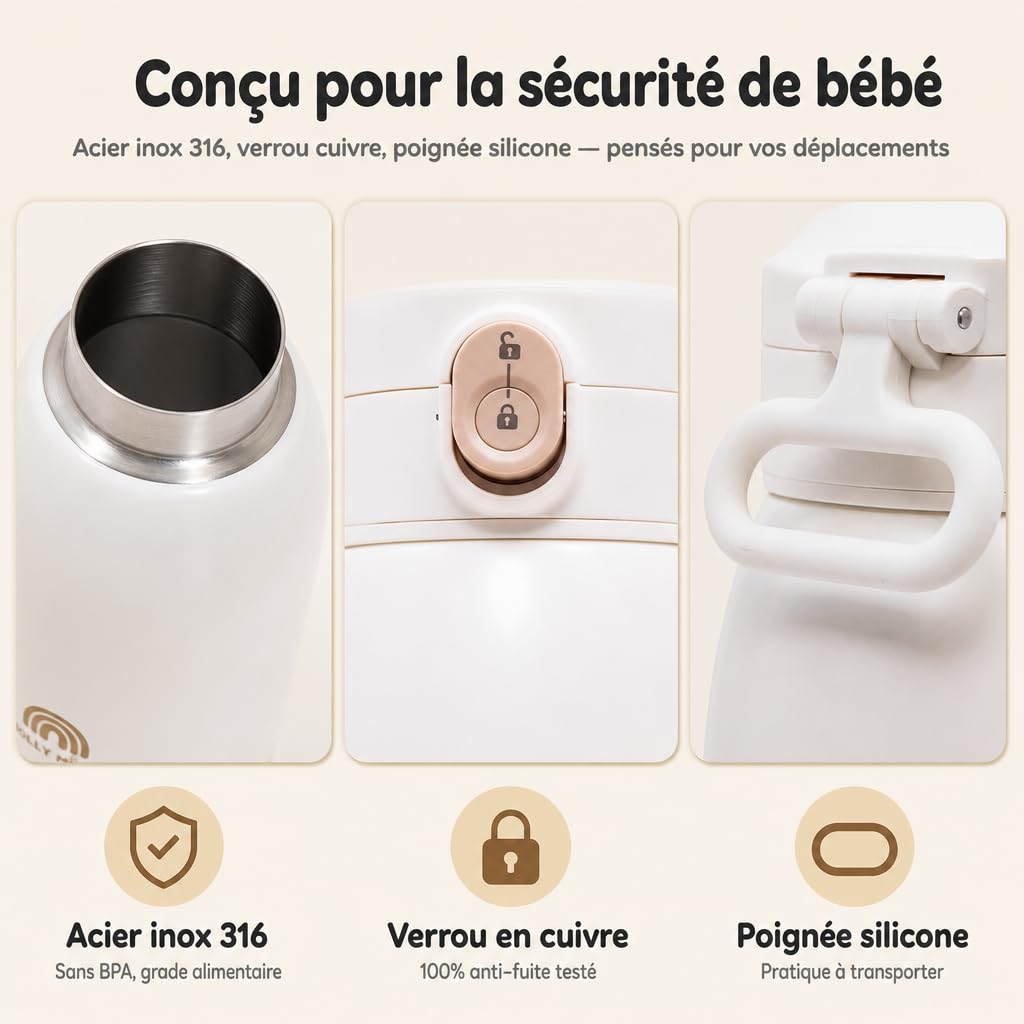 Chauffe biberon Nomade Portable Sans Fil 500 ml, Inox, Chauffe Lait Maternel & Eau, Auto-Pasteurisation, Voyage Voiture Nuit, Brosse Silicone Incluse