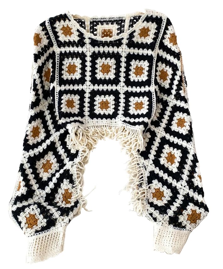 Women Multicolour Hollow Out Batwing Sleeves Crochet Cape Poncho Bohemian Tassel Crop Top (ONE Size 30-36 Inch)-image-19