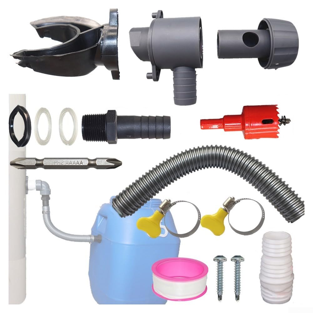 Kit de colector de agua de lluvia de PVC gris para tuberías de 70-110 mm con sistema de drenaje de techo de manguera de 50 cm o 100 cm para superficies de 85 a 90 m² (100 cm)
