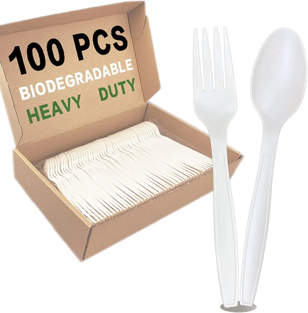 100pcs 100% Compostable Biodegradable Utensils Disposable Cutlery Set Cornstarch Spoon Fork Knife Alternative to Plastic (Spoon 50, Fork 50)