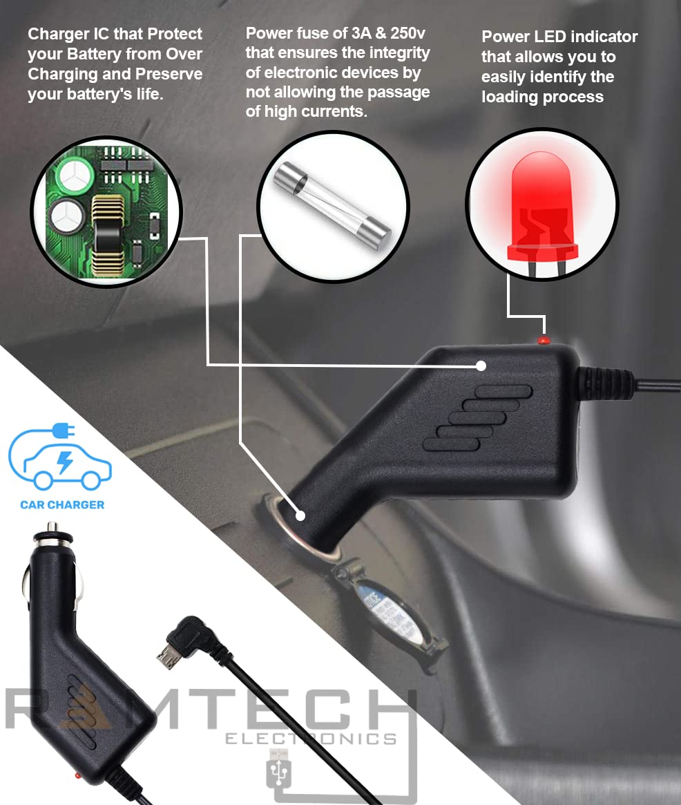 Ramtech DC 12V 2A Universal Micro USB Car Charger Power Adapter Cable Cord for GPS, Compatible with RMTND 740 GPS, Stylus Pen Included, CHMCA