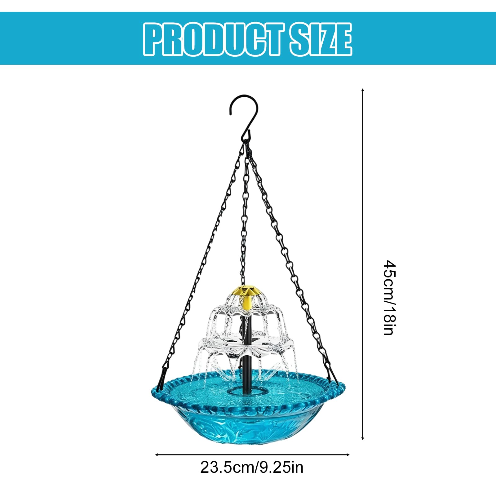 Bain d'oiseaux suspendu avec fontaine solaire, bain d'oiseaux à 3 niveaux avec eau courante, bain d'oiseaux solaire pour jardin, balcon, terrasse, bleu, chaînes en métal pour décoration et soin des