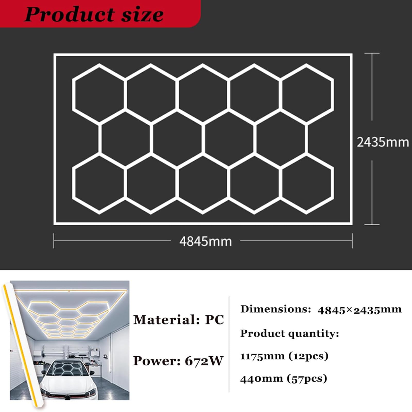 14-Grid Honeycomb Led Garage Light 672w Hexagon Garage Light 6500k Pure White Light 110-120lm W Luminous Flux 69 — view 3