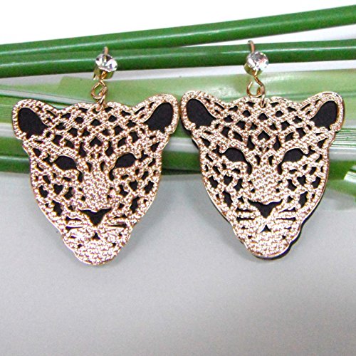 Navachi 18k Gold Plated Cheetah Hollow Leopard Head Crystal 2-layer Dangle Drop Earrings3