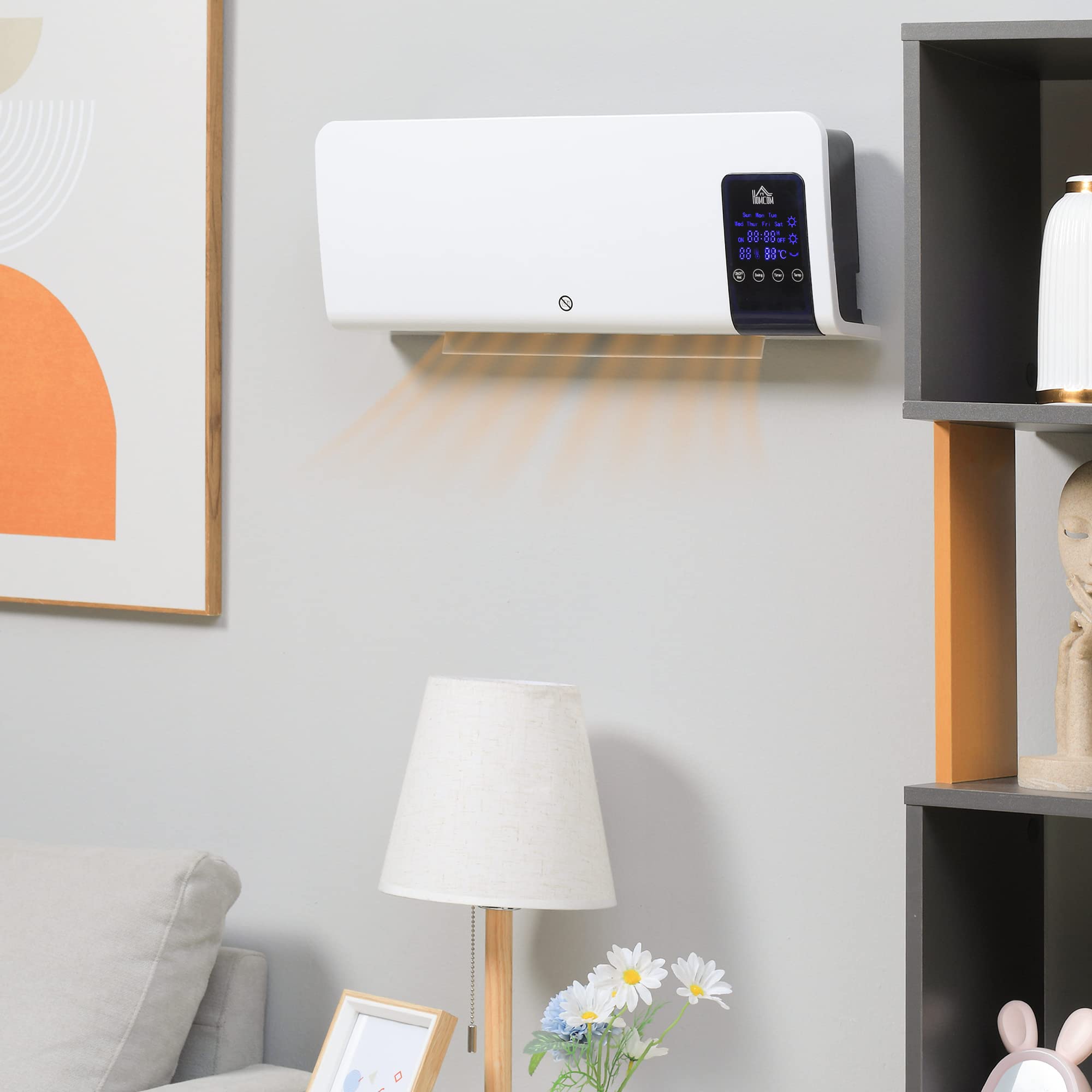 HOMCOM Calefactor Eléctrico Bajo Consumo, 1000/2000W, Calefactor de Baño de Pared con Oscilación, PTC, Pantalla LED, Protección contra Sobrecalentamiento, Temporizador, Mando, para 15-20m² Blanco