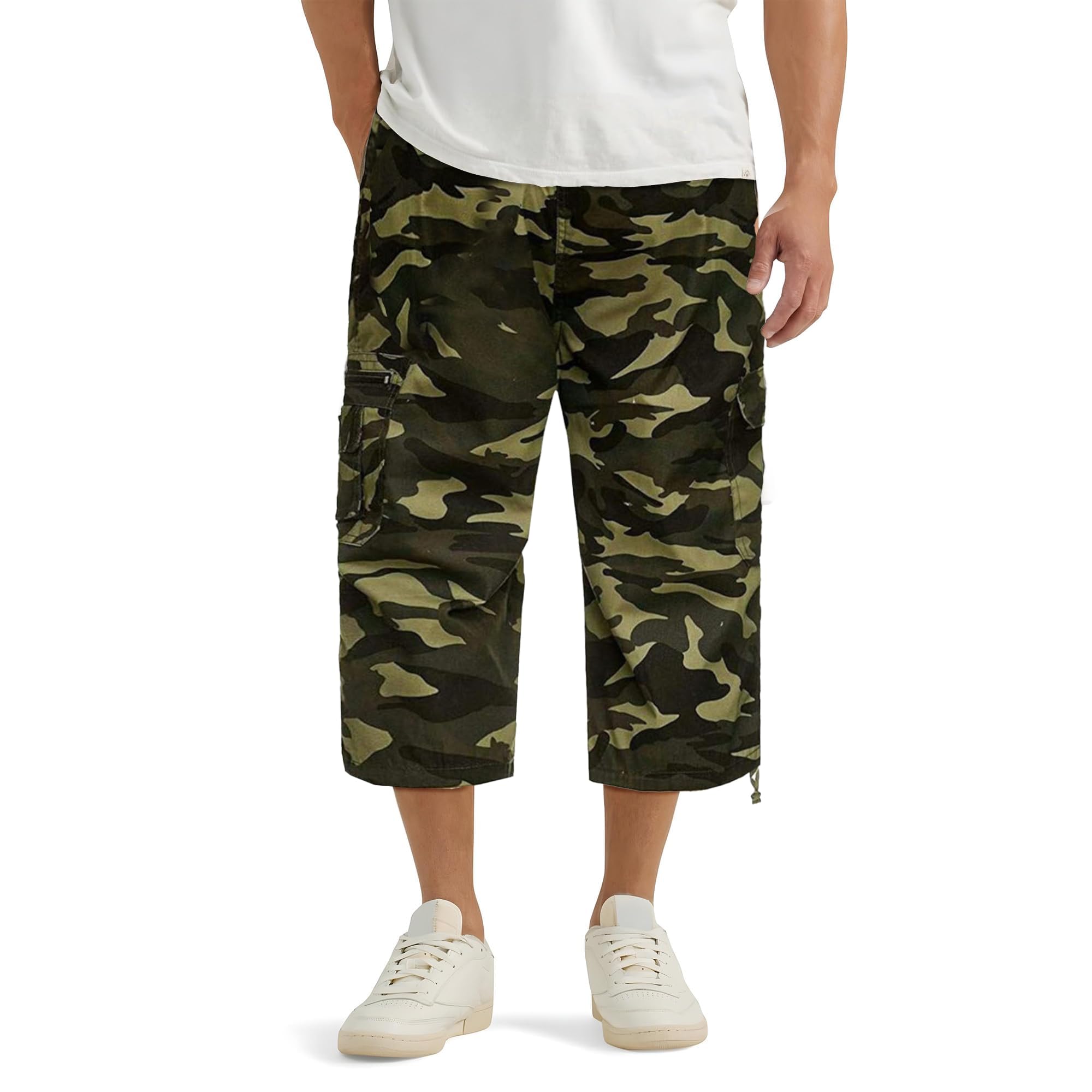 Ga Communications Men's Camo Green Camouflage Shorts Elasticated Waist 3/4 Cargo Combat Pocket Summer Trousers[,Xxl]