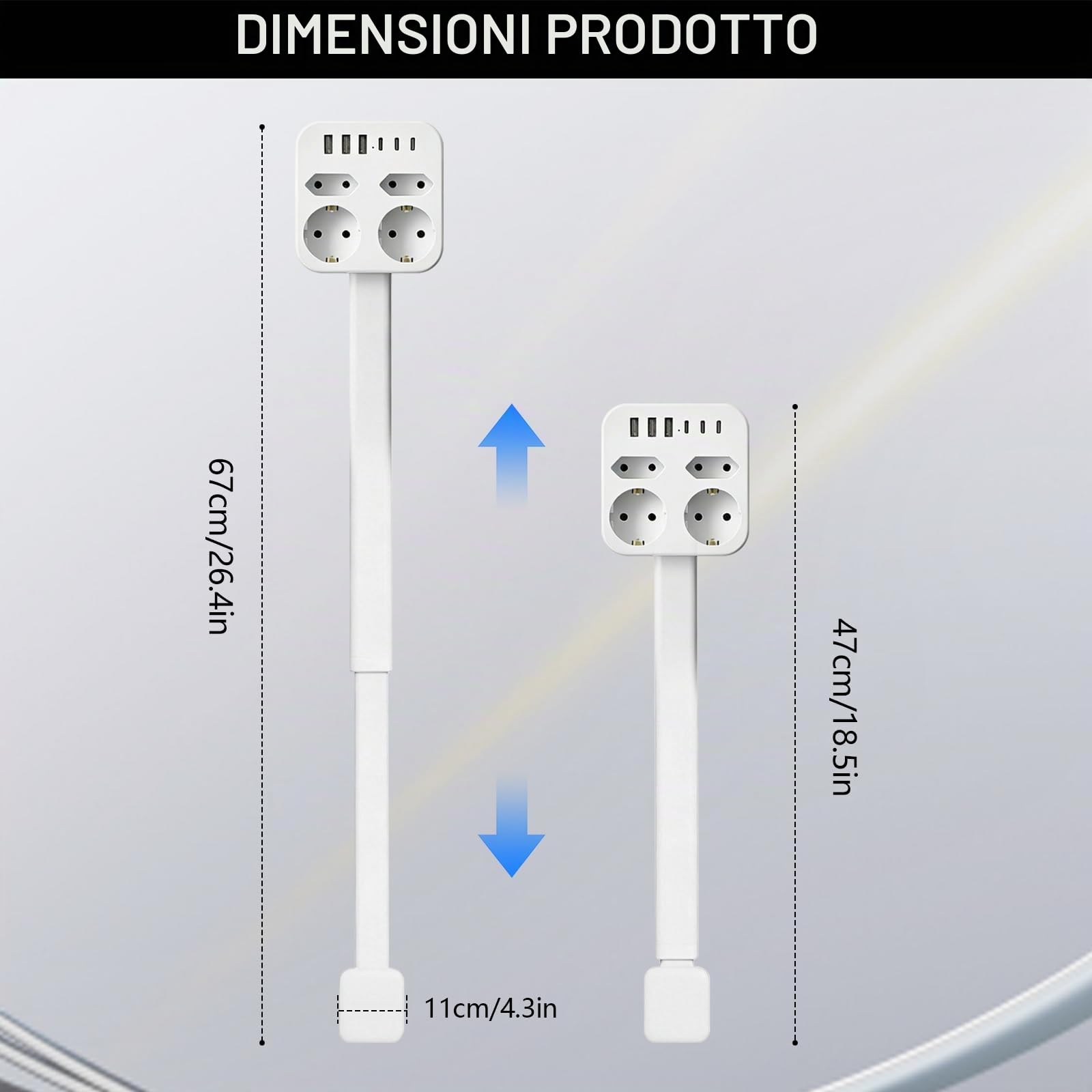 Presa Rotante Estensibile (47-67 cm), con Porte USB-A/USB-C e 3 Prese AC, Rotazione 360°, Ideale per Divano, Comodino e Dietro ai Divani (Piazza)
