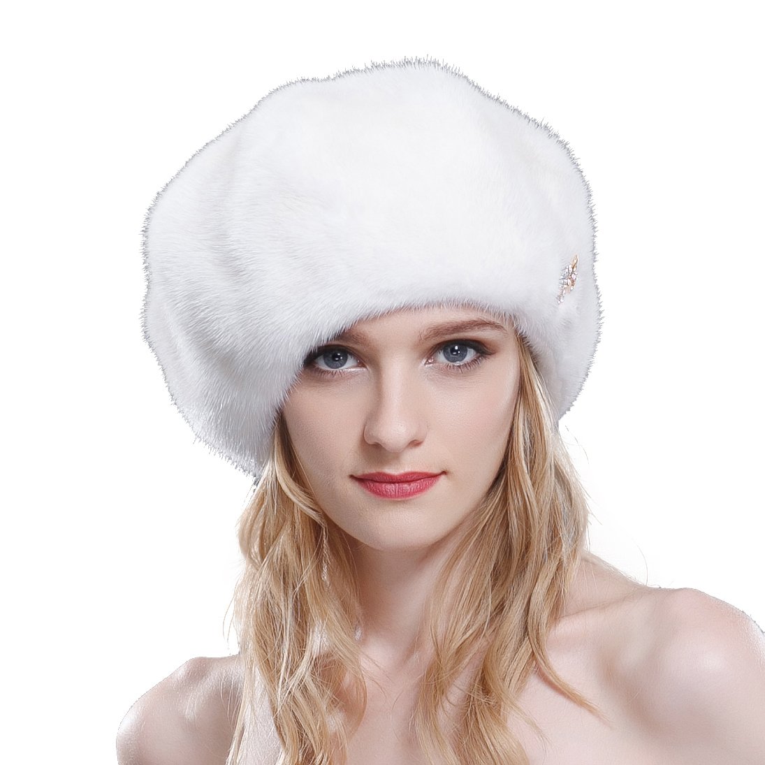 URSFUR Ladie's Mink Full Beret Hats (One Size, White)