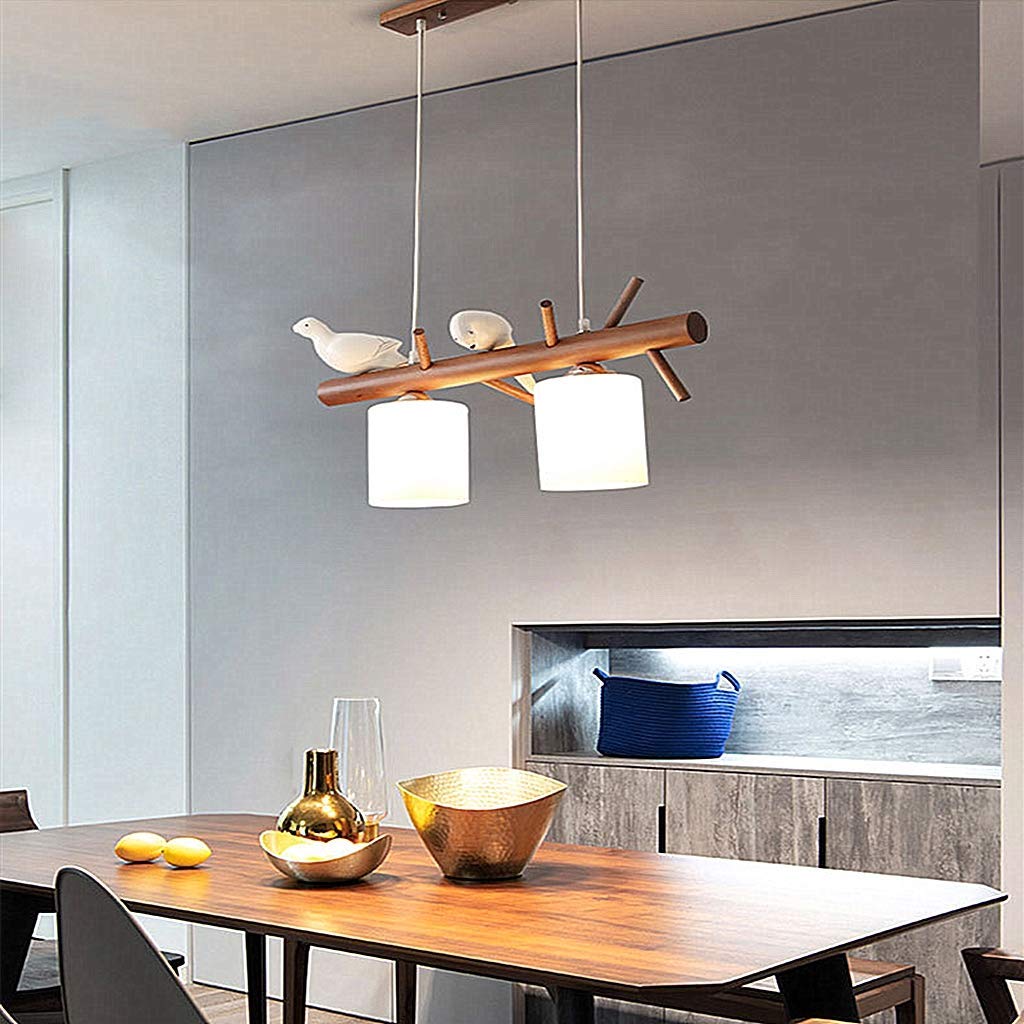 Wisząca lampa Mały ptak Wisząca lampa E27 Nowoczesny drewniany żyrandol sufitowy Prosty szklany stół jadalny Restauracja Sypialnia Oświetlenie Wysokość regulowana, 2 głowice