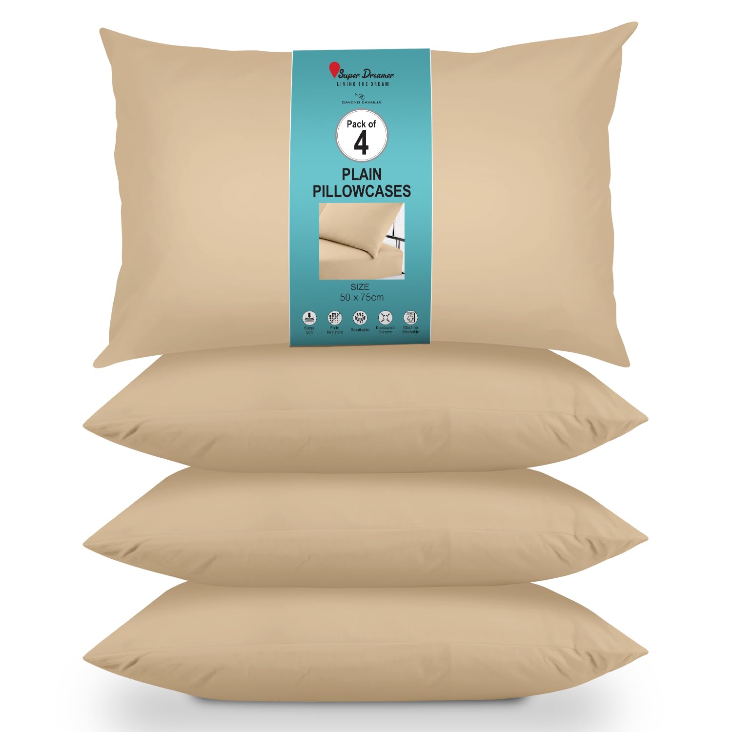 GC GAVENO CAVAILIA Housewife Pillowcases 4 Pairs - 100% Microfibre Bed Pillow - Standard Size 75x50 cm - Hypoallergenic Pillowcase - Envelope Closure - Wrinkle, Fade & Stain Resistant - Beige