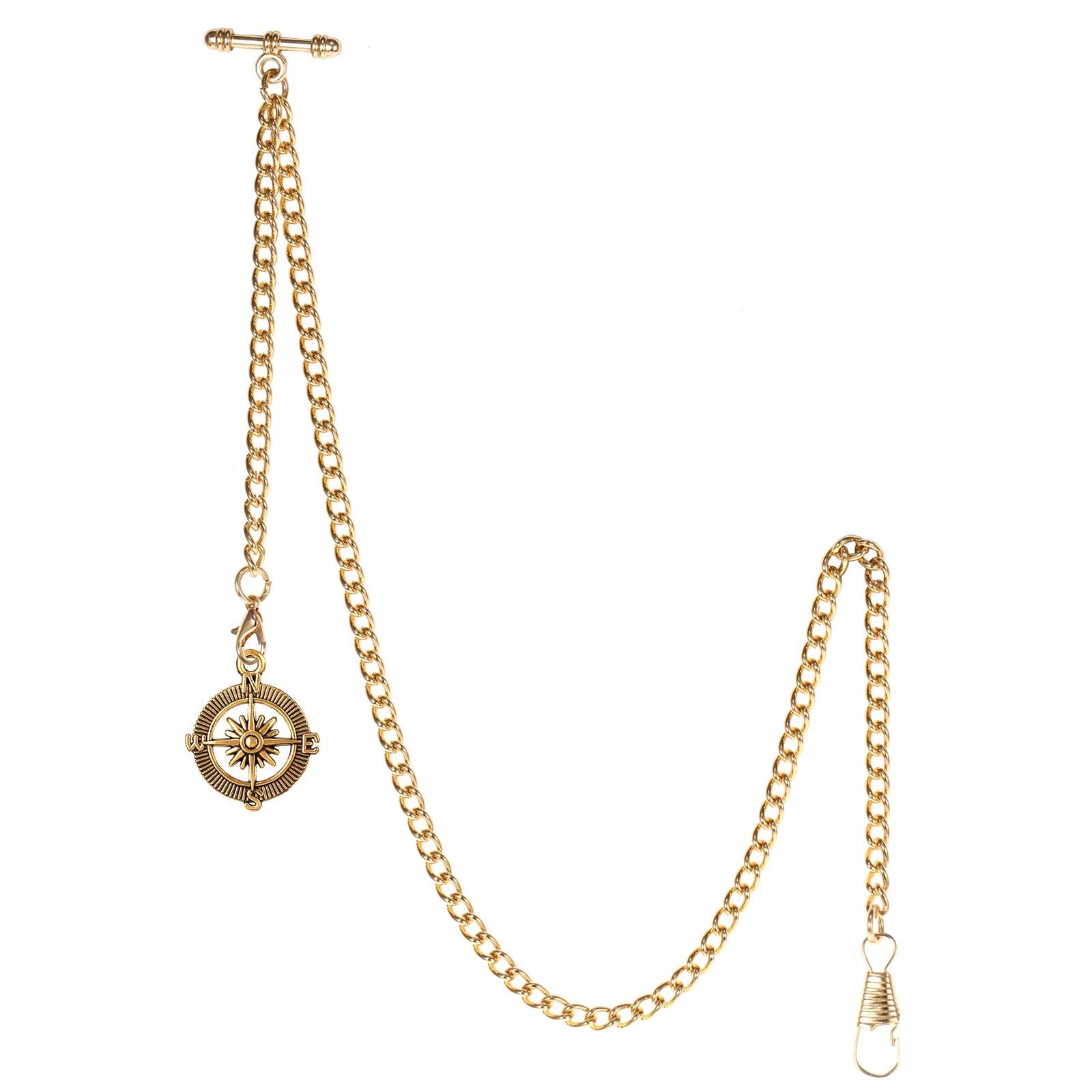 TREEWETO Men's Albert Chain Pocket Watch Curb Link Key Chain 2 Hooks with Antique Compass Pendant Design Charm Fob T Bar, Gold, Vintage" or "Retro