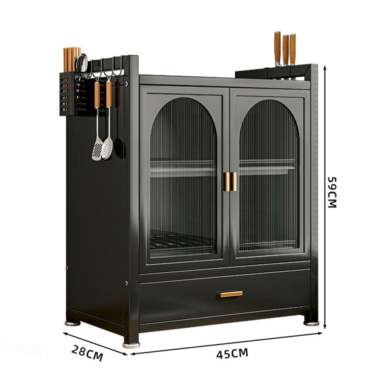 Küchenschrank-Organizer mit Abtropffläche, Allzweckschrank, Abtropfgestell, freistehendes Sideboard mit Glastüren, Metallutensilien und Weinglashalter