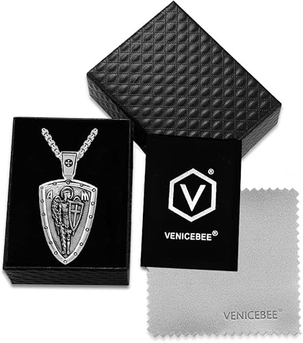 Miniatura 6 de VENICEBEE Arcángel San Miguel Escudo de la Medalla de San Miguel Cruz Espada del Ángel Guardián Amuleto Cristiano Sólido Collar con colgante de