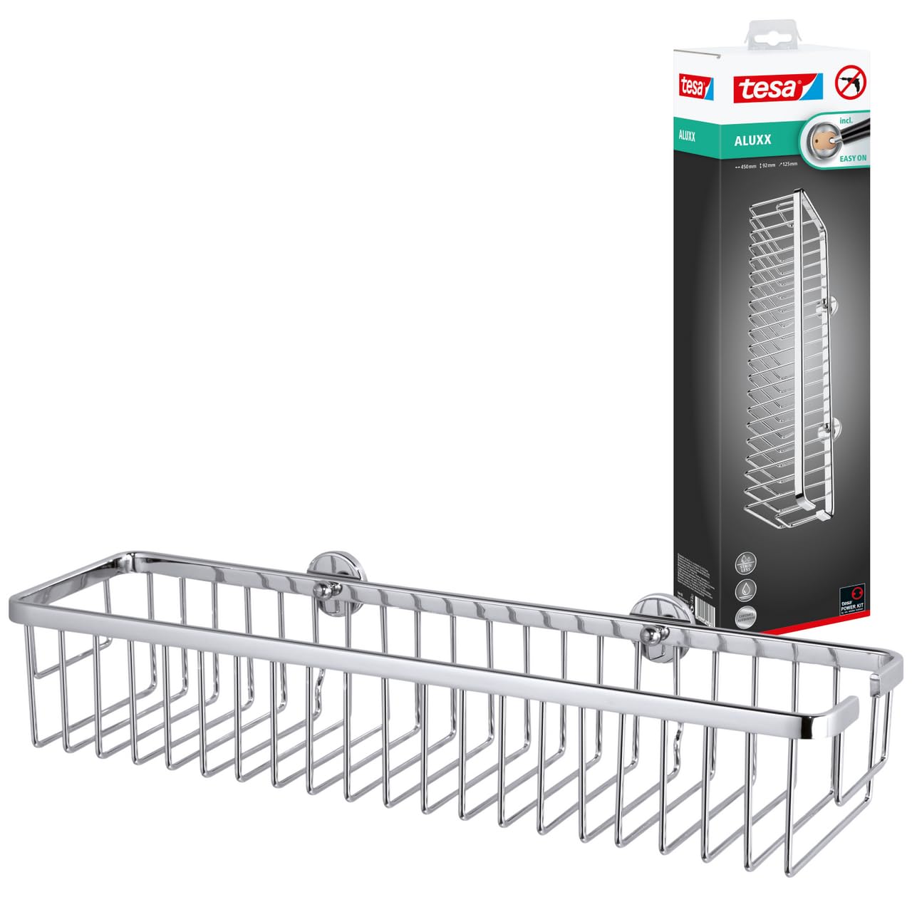 Tesa Uk Chrome Tesa Aluxx Wide Shower Storage Basket, High Gloss D Aluminum, Self-Adhesive, Adhesive Mounting Technology, 92Mm X 450Mm X 125Mm