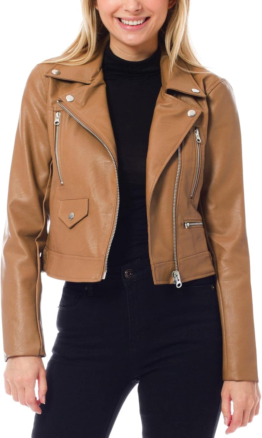 Design by Olivia Women's Long Sleeve Zipper Closure Moto Biker Faux Leather Jacket - Image 4