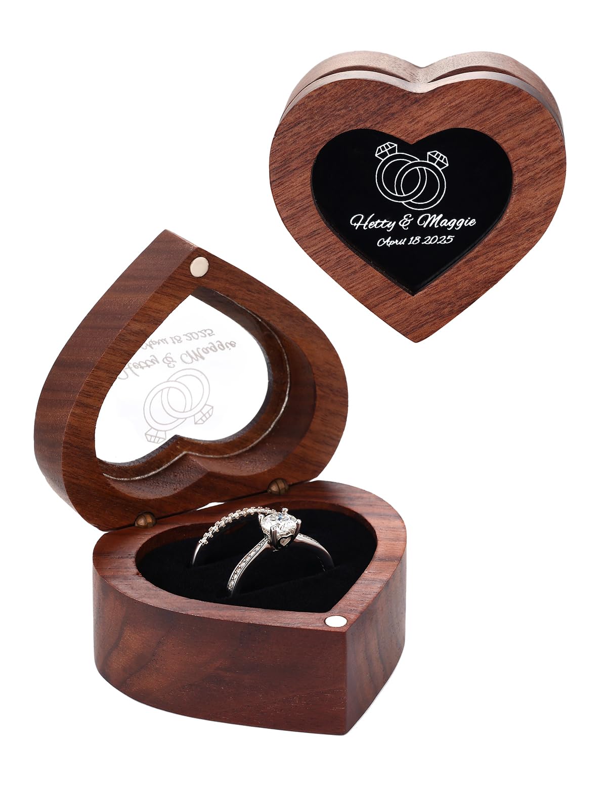 Custom4U Personalisierte Eheringbox, Einzel/Doppelnut, Herz/Quadrat/Rechteck/Oval-Ringhalter aus Walnussholz für Braut und Freundin, gravierte Schmuckschatulle für Heiratsanträge, Jubiläen, Zeremonien