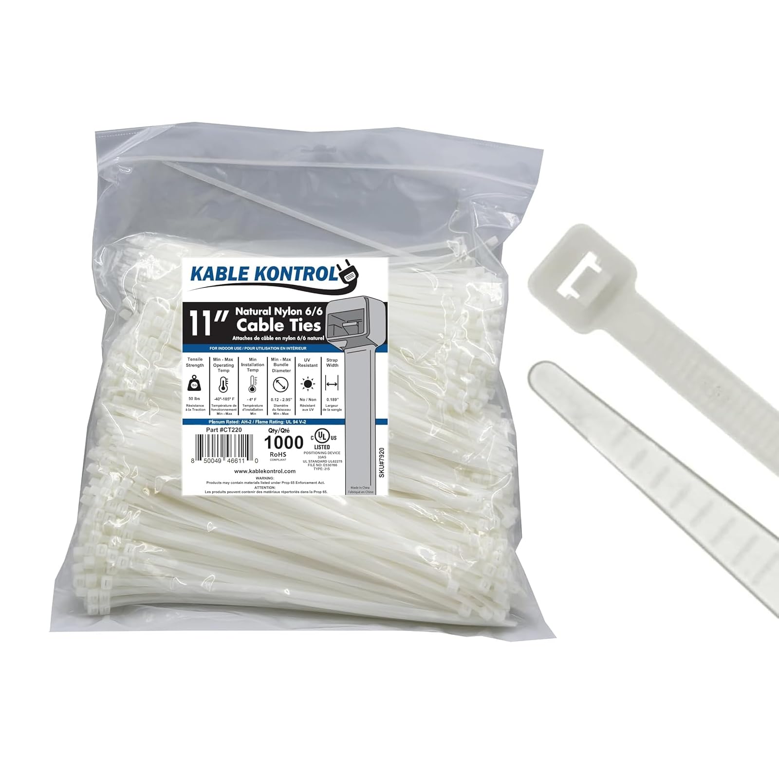 Kable Kontrol Natural White Cable Ties, 280 mm x 4.8 mm, Pack of 1000, 11" Premium Nylon Zip Ties, Multi-Purpose Plastic Tie Wraps, Secure Self-Locking Mechanism, for Home, Garden, Office and DIY