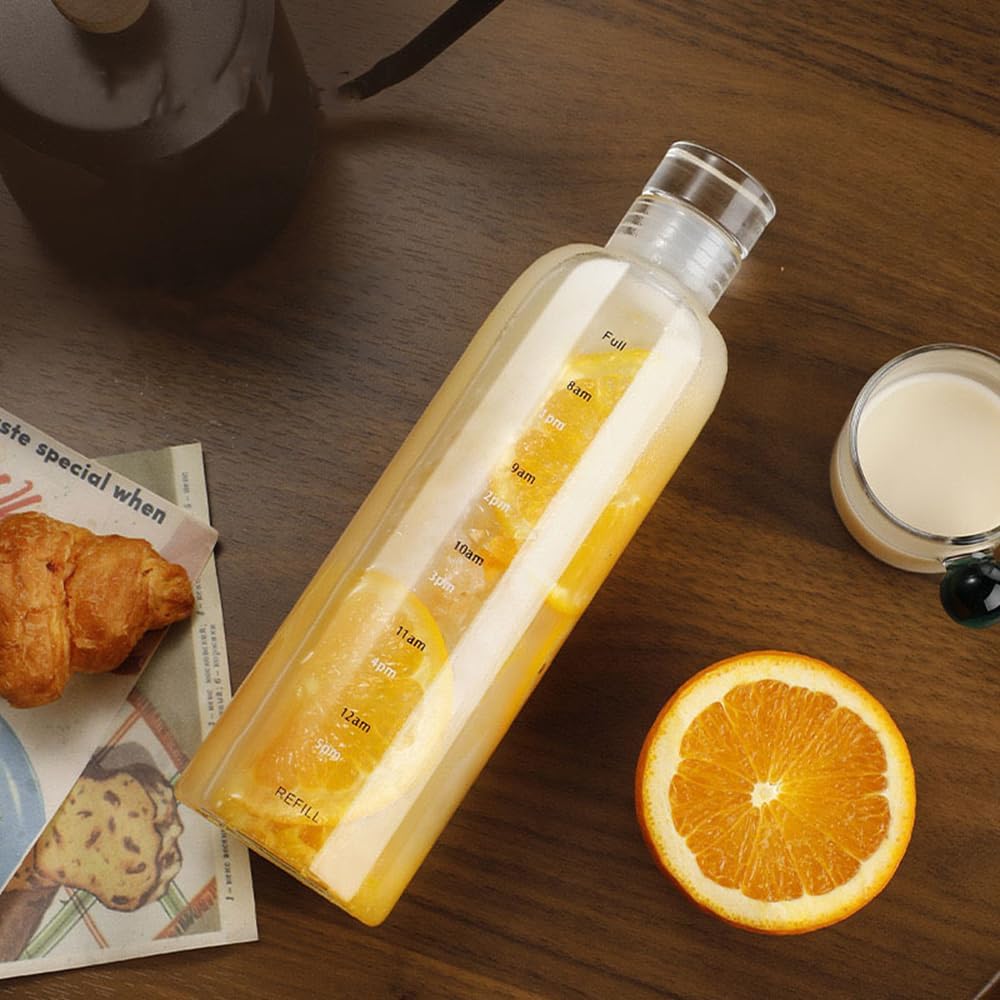 JZSMY Glass Ins Creative Girls Water Bottle Glass Cups High Sense Japanese Style Drinking Bottle Scale Cups Milk Juice Cute Water Bottle with Time Scale (Transparent)