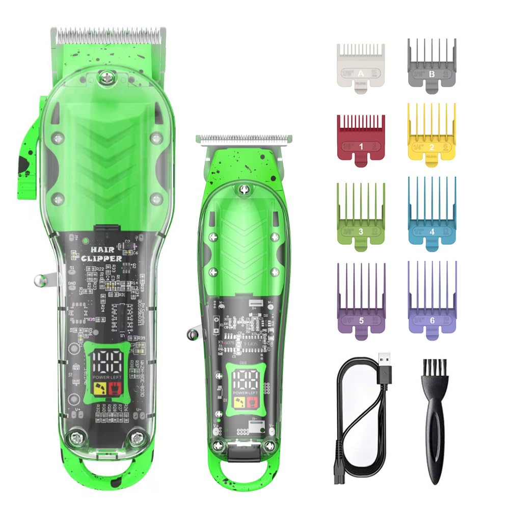 Hair Trimmer Kit for Men,Professional Barber Set for Hair Beard Trimmer,Quiet and Long-Lasting Charging,Transparent Rechargeable Bald Fade Clippers with LED Display (Green)