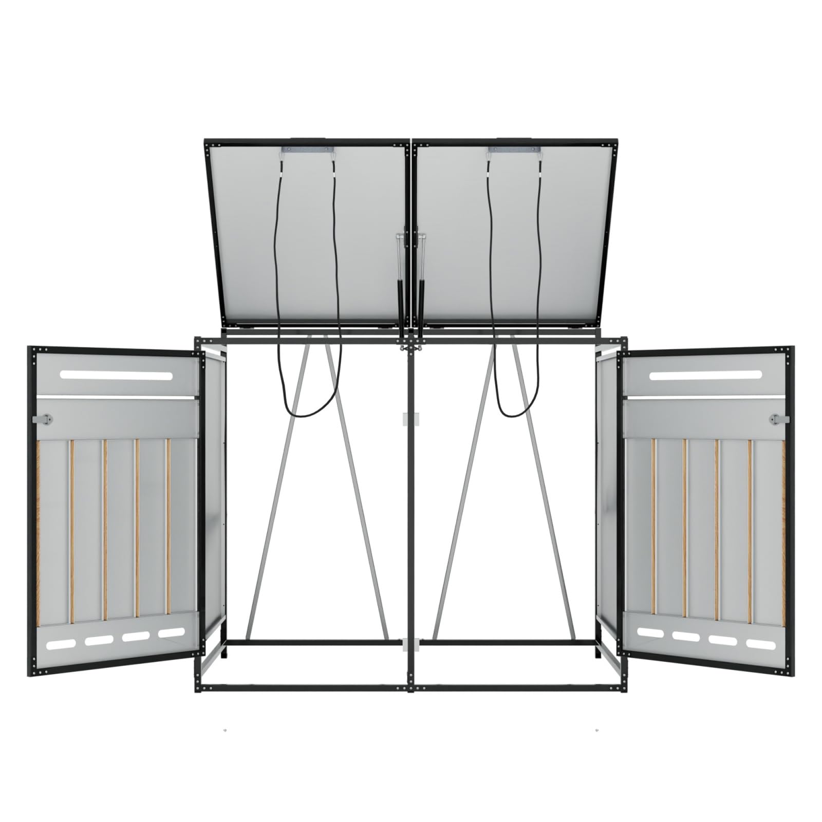 Abri pour poubelles avec Couvercle hydraulique, Habillage Vertical Aspect Bois, aération à Fentes oblongues, Armoire de Rangement de Jardin en Fer avec Serrure (1)