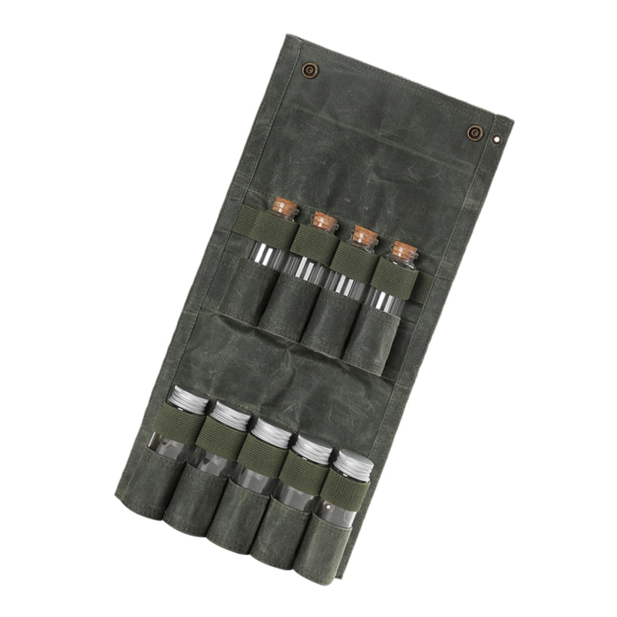 TOPBATHY Borsa Portabottiglie per Spezie da Campeggio Verde 9 Flaconi | Canvas, Vetro e Legno, Multiuso, per Ristorante e Camping, Set Completo per Condimenti