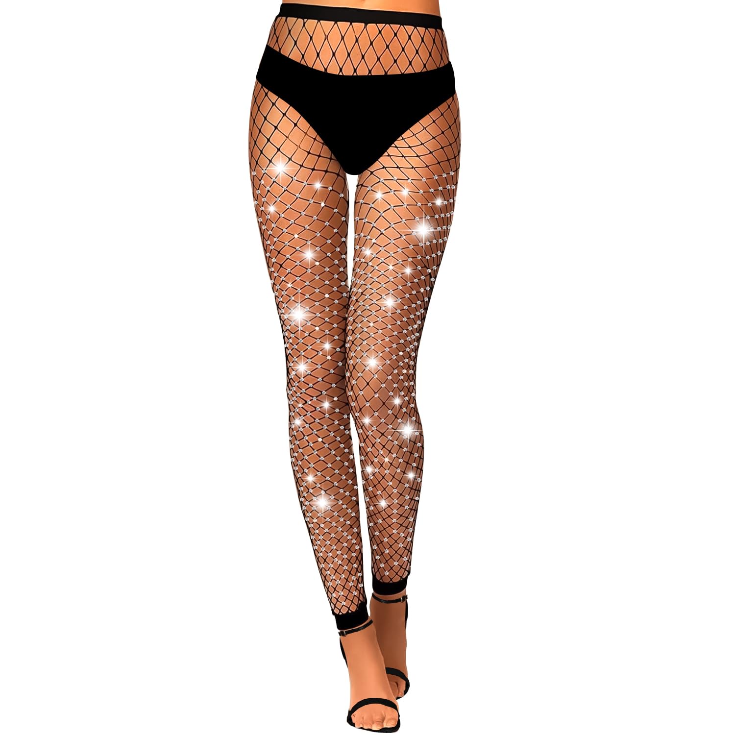 K BKVAVA Women's Sparkly Footless Fishnet Tights Rhinestone Toeless Fishnets,Middle Net,Black