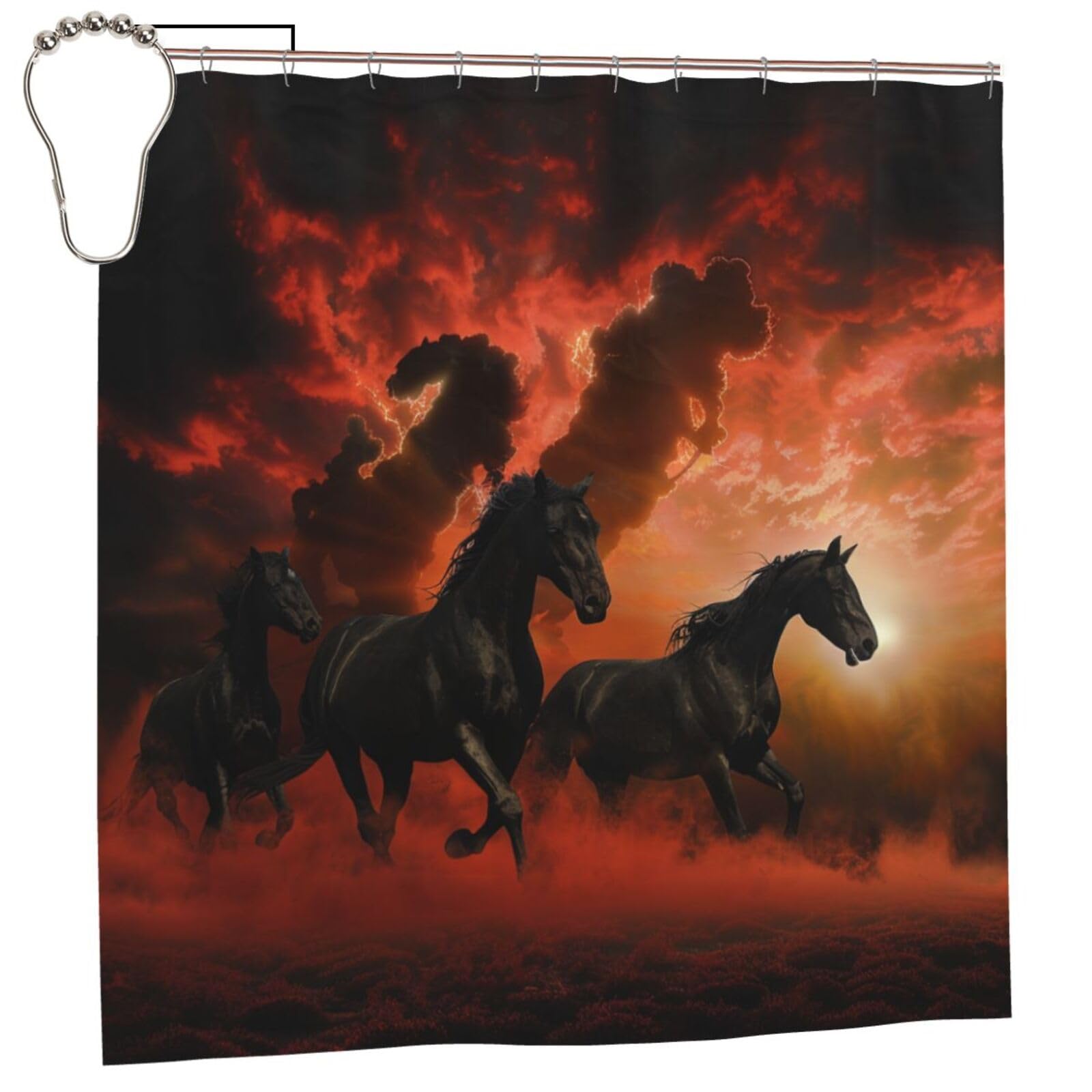 BWWHCCTI Black Horses Red Glowing Clouds Printed Shower Curtain With 12 Iron Hooks Opaque Quick Drying Waterproof Shower Curtains Sets For Bathroom 183x183 CM